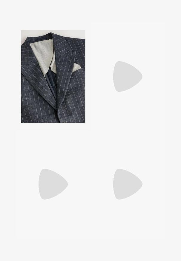 Námořnický modrý blazer s jemným pruhováním, s texturovanou světle šedou podšívkou, klopovými límci a náprsní kapsou, ve které je bílé kapesníky.; Helly Hansen SKOG GRAPHIC - Triko s potiskem - grey cactus; Šedé kalhoty se střihovým designem rovného nohavice, vyrobené z hladké tkaniny. Mají pas s poutky na opasek a minimální švy.; Černé kožené oxfordy s šněrováním, zakulacenou špičkou, plochou gumovou podrážkou a jemným prošíváním podél svršku.