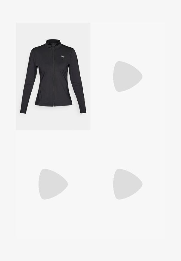 Black athletic jacket with long sleeves, zip-front closure, high collar, and white Puma logo on the left chest. Made from a smooth, stretchy material.; Black athletic tank top with a high neckline, featuring a small white Puma logo on the left chest. Made from smooth, stretchy fabric.; Green athletic shorts made from stretchy material. High waistband, smooth texture, and flatlock seams for comfort. No visible patterns or hardware.; Black athletic shoes with white accents, featuring a textured upper, thick sole, and prominent branding. Orange leggings with pattern detail.