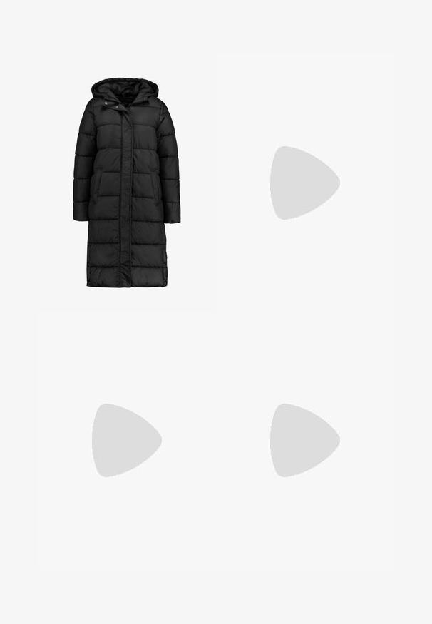 Cappotto lungo imbottito nero con cappuccio, caratterizzato da un design trapuntato, bottoni a pressione e tasche laterali per una maggiore funzionalità.; Maglietta in cotone bianca con maniche corte, caratterizzata da un logo verde "RIPE&FRESH" centrato sul davanti, design semplice con collo rotondo.; Pantaloni neri a zampa d'elefante realizzati in tessuto elasticizzato, con una vita alta e una superficie liscia. I pantaloni si allargano a partire dal ginocchio.; Sneaker alte nere in tela con suole e lacci bianchi. Presentano un logo circolare sul lato e cuciture bianche a contrasto.