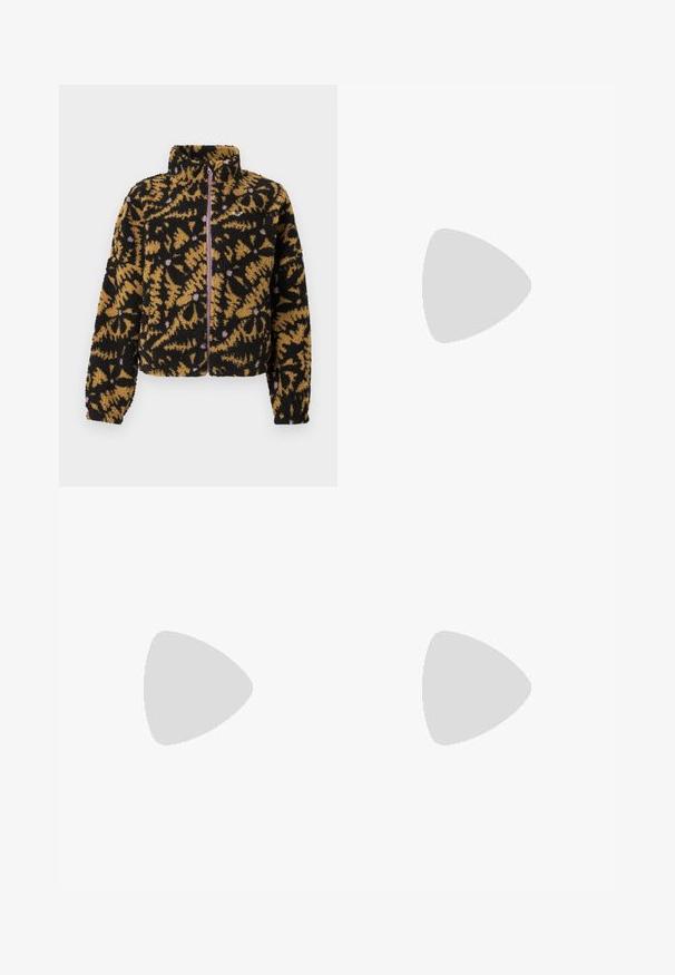 Fleece jacket with black, brown, and lavender abstract floral pattern, full front zipper, and high collar.; White cotton t-shirt with short sleeves and a round neckline, featuring dark blue "OBEY" graphic text on the front. Smooth texture.; Black corduroy wide-leg trousers with a high waist, front pockets, and a button closure. The fabric features a soft, textured surface.; Gray outdoor shoe with a mesh and synthetic upper, a padded collar, and a textured sole featuring deep treads for traction. Adjustable lacing system.