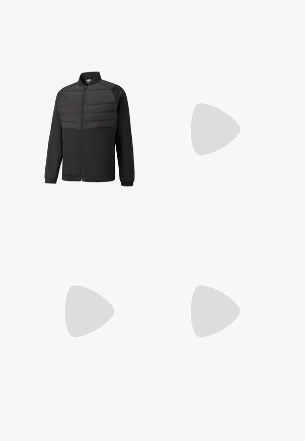 Czarna, lekka kurtka z zamkiem z przodu, z pikowanym panelem na górnej części ciała i elastycznymi mankietami. Logo PUMA na lewej piersi.; Czarna bluza z kapturem wykonana z teksturowanej tkaniny, z kieszenią kangurką oraz ściągaczami na rękawach i u dołu. Prosty, codzienny design.; Szare spodnie dresowe wykonane z miękkiej mieszanki bawełny, z elastycznym paskiem w talii ze sznurkiem oraz prążkowanymi mankietami przy kostkach.; Czarny but sportowy z teksturowaną siateczką, płaskimi sznurówkami i amortyzowaną podeszwą z subtelnymi odblaskowymi akcentami.