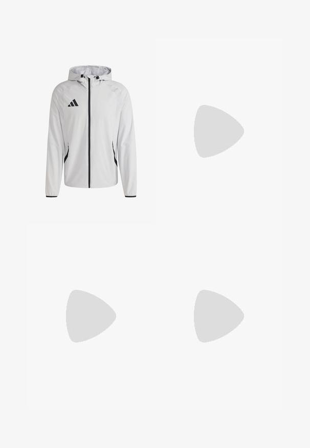 Lehká bílá bunda s kapucí, černým zipem a detaily. Na levé horní části hrudi je logo Adidas.; Žluté sportovní tričko s černými pruhy a akcenty. Vyrobeno z lehkého materiálu, s krátkými rukávy a kulatým výstřihem.; Černé atletické kalhoty se zúženými nohavicemi, elastickým pasem, bočními kapsami a bílým logem a proužky jako ozdobou. Vyrobené z hladkého, lehkého materiálu.; Černá sportovní boty s síťovaným designem, s bílými pruhy, zaoblenou špičkou a texturovanou podrážkou pro lepší přilnavost a oporu.