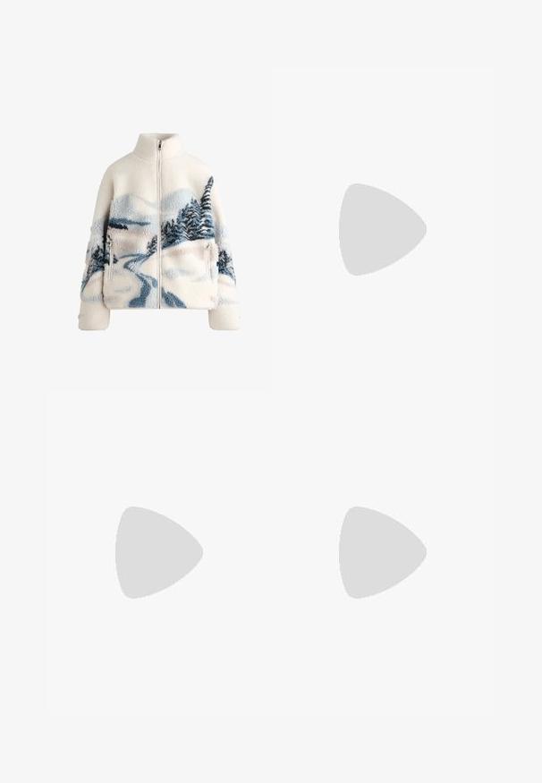 Fleece jacket with high collar, cream color, featuring a landscape design in blue and gray with trees and a winding path. Zippered pocket detail.; White cotton tank top with a scooped neckline, no sleeves, and a fitted shape. Smooth texture, plain design, and minimal stitching details.; Black yoga pants with a high waistband, made of stretchy fabric. Features a flared design and a small Nike logo on the waist.; Black leather chunky-heeled loafer with thick sole and a strap detail across the top, shown from the side on a white background.