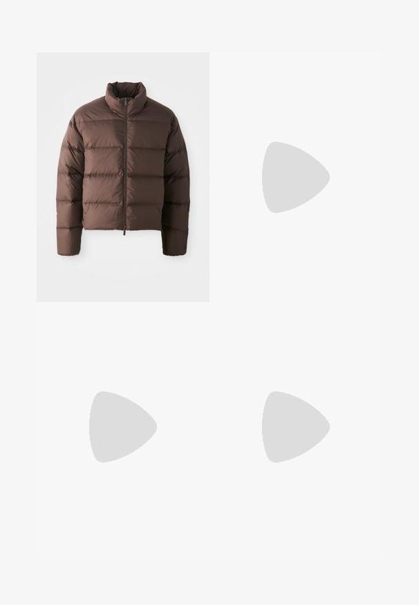 Brown puffer jacket with high collar and front zipper, featuring horizontal quilted sections and elastic cuffs for warmth.; Black cotton t-shirt with short sleeves, round neck, and small colorful logo on the left chest. Classic cut with a smooth texture.; Black athletic pants with a textured finish, featuring a drawstring waist, red accent lines, and a loose fit.; High-top Nike Air Jordan sneaker in white, grey, and black with pink interior and yellow tongue, positioned on a concrete surface.