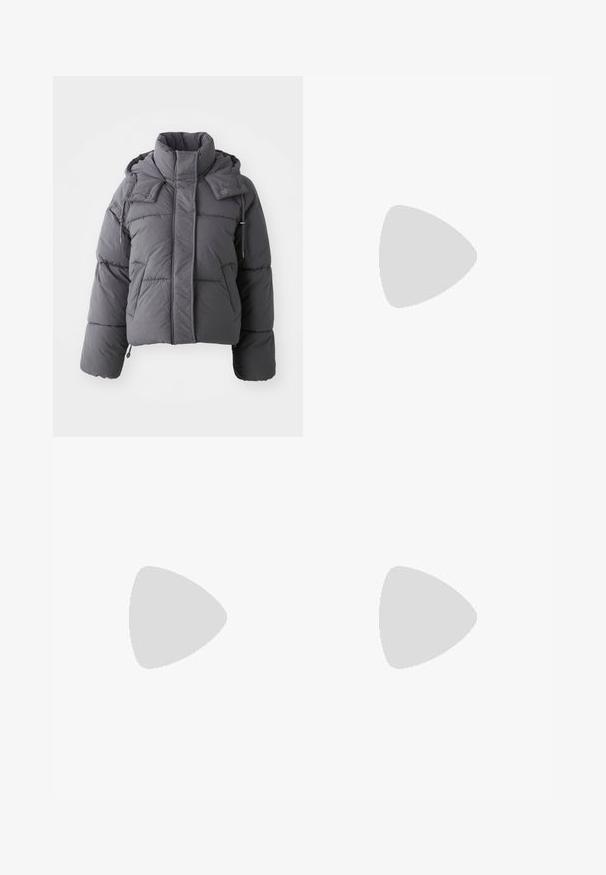 Gray padded winter jacket with high collar, front pockets, long sleeves, and adjustable hood with snap buttons and drawstrings.; Black long-sleeve T-shirt made from soft fabric, featuring a round neckline and relaxed fit, with dropped shoulder seams and no patterns.; Black leggings with a smooth, stretchy fabric and a wide waistband. They have straight, full-length legs and no visible patterns or accents.; White athletic shoe with a textured mesh upper, padded collar, and chunky sole. Features a logo on the side and lace-up closure.