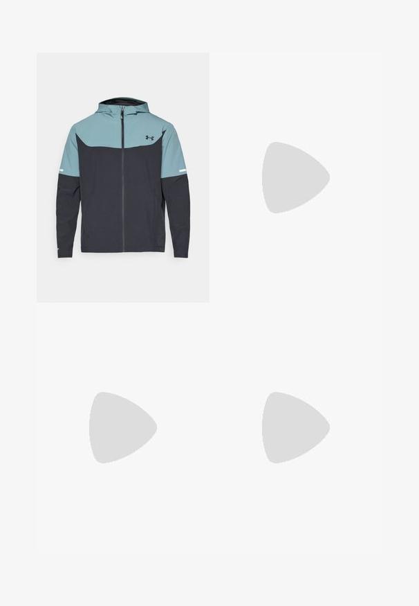 Bunda s kapuco, ki ima svetlo modro zgornjo in temno modro spodnjo sekcijo. Narejena je iz lahkega materiala z zadrgo in stranskimi žepi.; Bela kratka majica s kratkimi rokavi, izdelana iz gladkega materiala. Ima okroglo ovratnico in majhen črn Nike logotip na levi prsni strani.; Bele športne kratke hlače iz tkanine, ki odvaja vlago, z elastičnim pasom in črnim Nike logotipom na levi strani.; Bela športna čevlja z teksturirano mrežasto zgornjico, črnimi in oranžnimi poudarki, debelim gumijastim podplatom ter prozornim zračno blazino na peti.