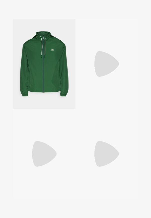 Chaqueta cortavientos verde con capucha, cremallera completa, dos bolsillos laterales, puños elásticos y un pequeño logotipo en el pecho izquierdo.; Camiseta de algodón blanca de manga corta con cuello de canalé que presenta rayas verdes y negras; pequeño logo verde bordado en el lado izquierdo del pecho.; Pantalones cortos de algodón verde con una cintura elástica, dos bolsillos laterales tipo cargo y un pequeño detalle de logo en el bolsillo izquierdo.; Zapatillas de ante gris con cordones blancos, que cuentan con una suela de goma y un pequeño logotipo de cocodrilo blanco en el lateral. Textura suave y diseño de perfil bajo.