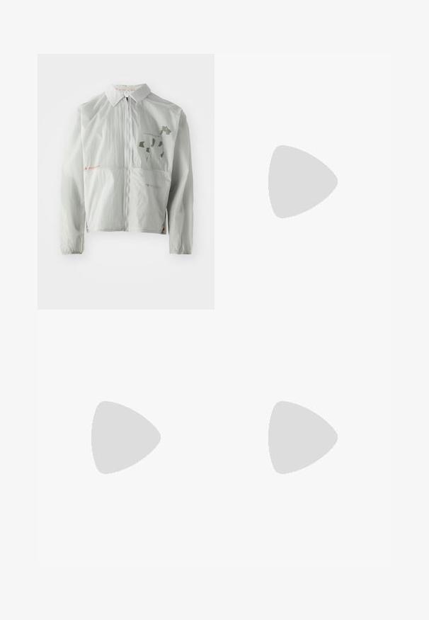 Light gray windbreaker jacket made from lightweight material, featuring a front zipper, collar, and printed text and graphics in muted tones.; Black short-sleeve athletic t-shirt made of lightweight fabric, featuring a crew neck and gray Adidas logo on the chest.; Black athletic shorts with white side stripes, made of stretchy fabric, featuring a high waistband and a fitted design for comfort.; White athletic shoe with black diagonal stripes, red accents at the heel, and a textured upper; features LIGHTSTRIKE PRO cushioning.