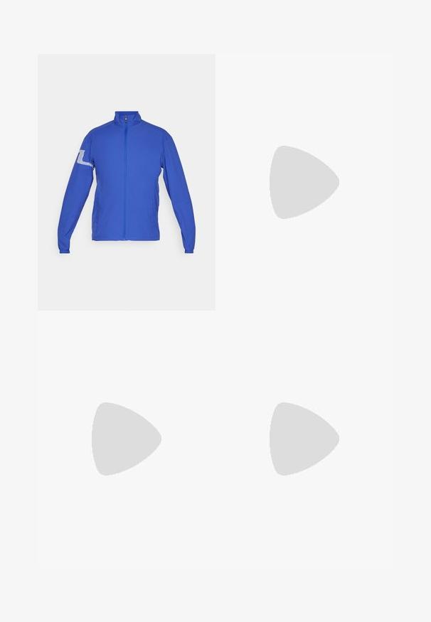 J.LINDEBERG Sports HEATH - Outdoor jacket - clemantis blue; White short-sleeve polo shirt with a collar and two-button placket, displayed against a plain light background.; Gray trousers made of smooth fabric. Features a tailored fit with a flat front, belt loops, and a button closure. Classic design.; Black synthetic golf shoes with a textured upper, lace-up design, and a gray outsole featuring spikes for traction.