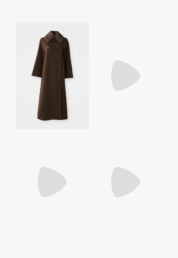 Abrigo marrón de doble botonadura con cuello de piel, mangas largas y silueta recta. Presenta botones negros y una textura suave similar a la lana.; Vestido negro ajustado, hasta las rodillas, con mangas cortas, escote redondo y cremallera en la espalda. Tejido suave con un ligero brillo.; Zapatos de charol marrón con tacón alto y delgado, y punta afilada. Presentan un diseño elegante y una textura de superficie suave.; Bolso de mano marrón con estampado de cocodrilo, que incluye un asa superior y una correa para el hombro. Presenta un logo prominente en la solapa frontal. Textura suave.