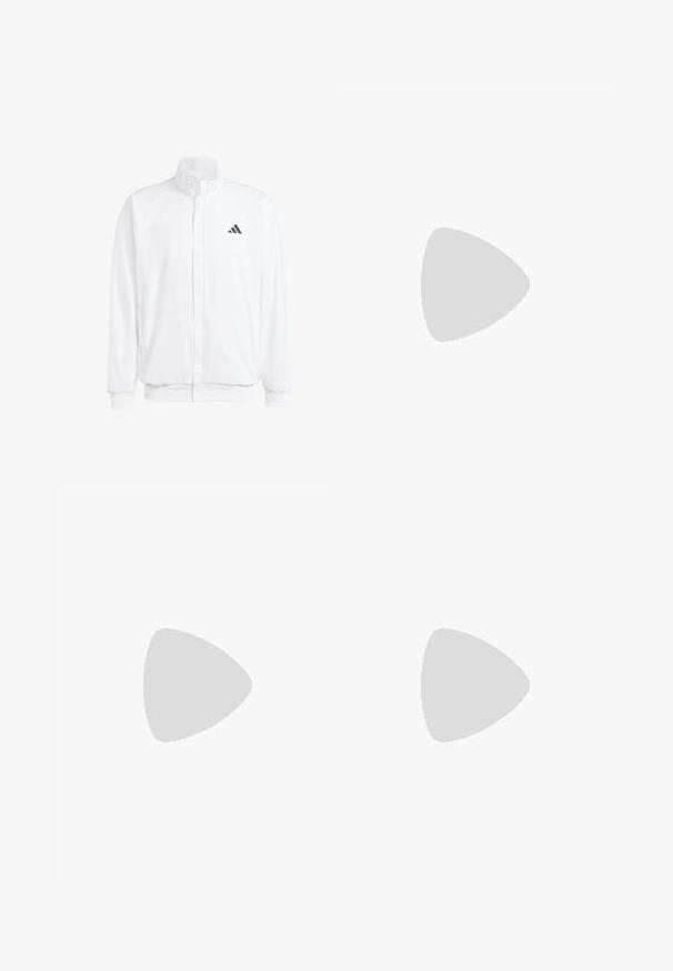 Balts viegls jaciņš ar stāvo apkakli, priekšējo rāvējslēdzēju, sānu kabatām un melnu Adidas logo kreisajā krūtī. Mīksta tekstūra.; Balta īsām piedurknēm T-kreklu, kas izgatavots no auduma ar gludu tekstūru. Tam ir melns adidas logo kreisajā krūtī un rakstains apkakles dizains.; Zilās sporta šortus ar elastīgu jostu, ar baltu logotipu "EA7" un "VENTUS7", kā arī gludu, vieglu audumu.; Baltas sporta apavi ar melnām svītrām, sietveida tekstūra un mīksta apkakle, pārī ar olīvu zaļām biksēm, kurām ir baltas sānu svītras.