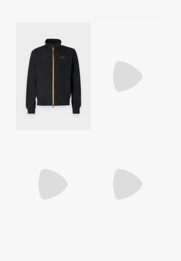 Black bomber jacket made from smooth fabric. Features a high collar, gold zipper, and EA7 logo on the left chest. Elastic cuffs and hem.; White cotton t-shirt featuring a round neckline and short sleeves, with a gold EA7 Emporio Armani logo printed on the front.; Black athletic pants made of lightweight material, featuring an elastic waistband, tapered legs, and side pockets. Minimalistic design, no patterns.; White leather sneaker with a smooth finish, round toe, flat laces, and a textured sole. Features a subtle logo on the heel.