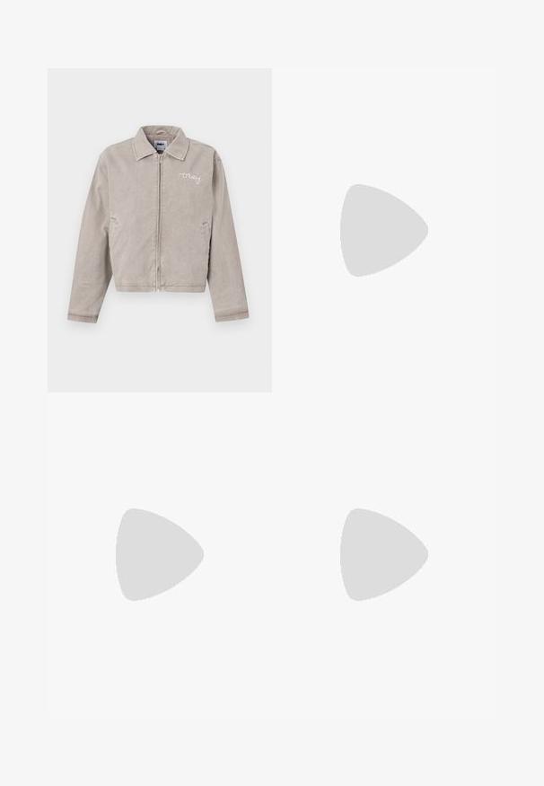 Gray cropped jacket in corduroy with a collar, front zipper, and embroidered logo on the chest. Features side pockets and plain texture.; Obey Clothing BOLD - Top - black; Dark gray shorts with a grid pattern, featuring pleats, side pockets, and a button closure at the waistband. Smooth fabric texture.; White leather sneaker with beige suede accents, perforated toe box, flat laces, and a textured cream sole. Features subtle branding on heel.