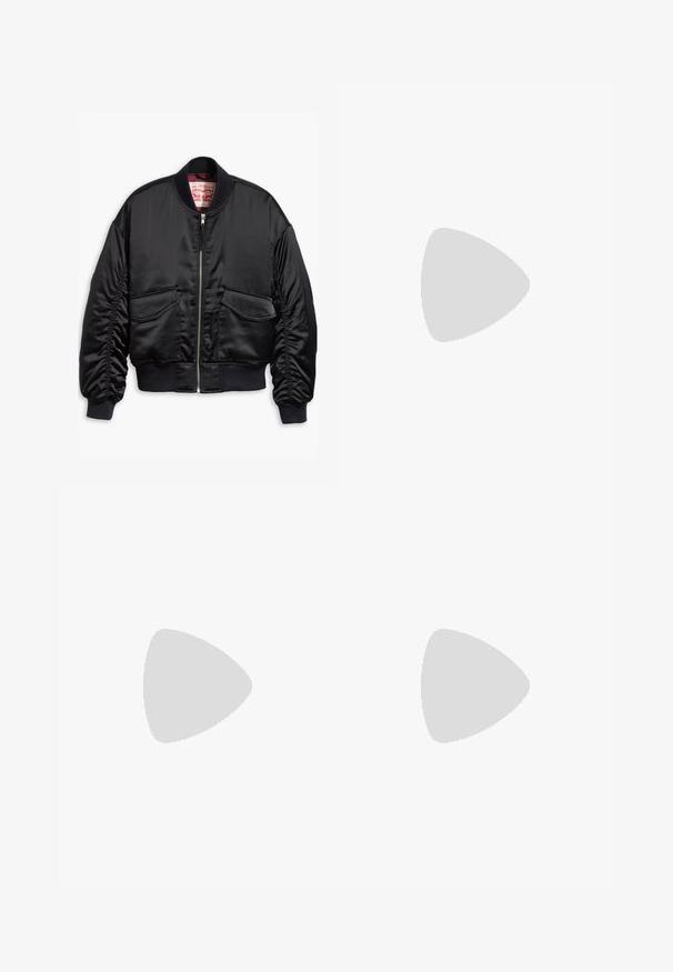 Black bomber jacket made of smooth fabric, featuring a front zipper, ribbed cuffs, and two patch pockets with an elastic hem.; Dark gray, long-sleeved sweater with a ribbed texture and high crew neckline; made from soft material and featuring a fitted design.; Maxi skirt in solid black. Flared design with a smooth texture and elastic waistband. No visible patterns or accents.; Black and gray athletic shoes with mesh panels, pink accent lines, and a chunky sole design. Features laces and textured material details.; Black leather crossbody bag with a flat shape, gold hardware accents, and an adjustable strap. Smooth texture with minimal stitching details.
