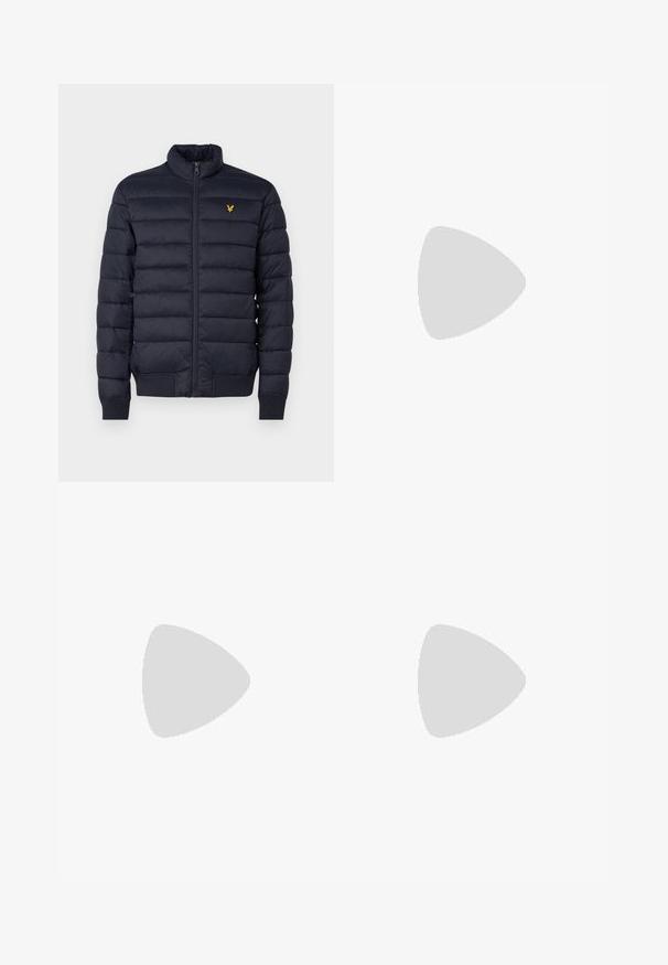 Navy puffer jacket with a high neck, horizontal stitched texture, zip front, and ribbed cuffs. Features a small golden logo on the chest.; White cotton T-shirt featuring a small black and yellow embroidered logo on the left chest. Short sleeves and a crew neckline.; Beige cargo pants with a slim fit, featuring two side pockets and elasticized cuffs. Soft cotton fabric, plain design with no patterns.; White leather sneakers with a smooth surface, featuring a classic lace-up design, perforations for breathability, and a textured rubber outsole.