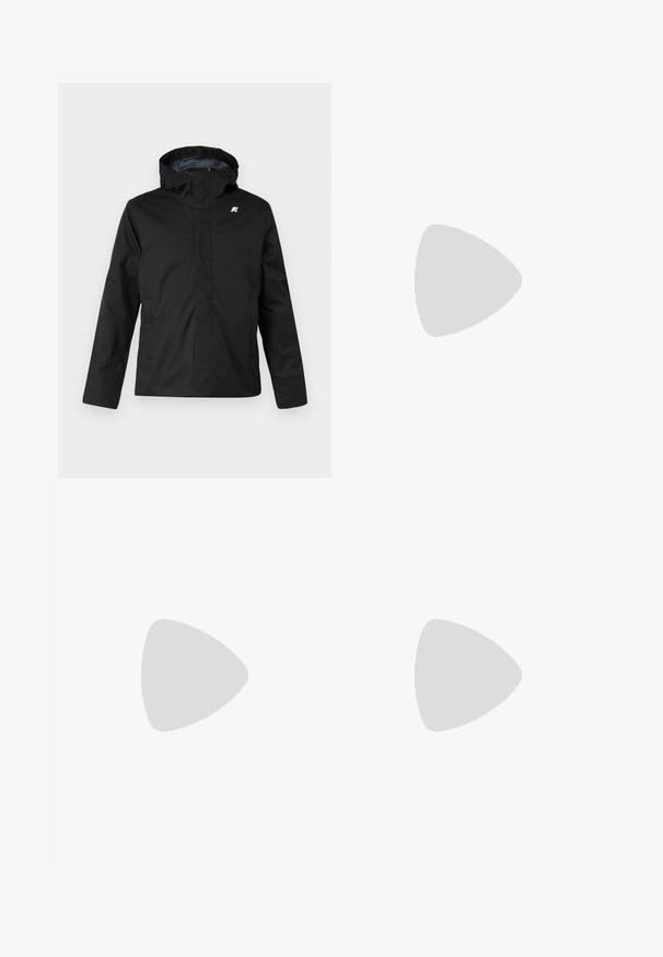 Black waterproof jacket with a hood, featuring a zip front, two side pockets, and a small logo on the chest. Smooth, matte finish.; Dark navy blue short-sleeve t-shirt made from cotton, featuring a round neckline and a relaxed fit. Simple, solid color without patterns.; Light blue denim jeans with straight legs, high waist, and five-pocket design. Features a button fastening and subtle whiskering on the fabric.; BOSS BELWAR - Trainers - white