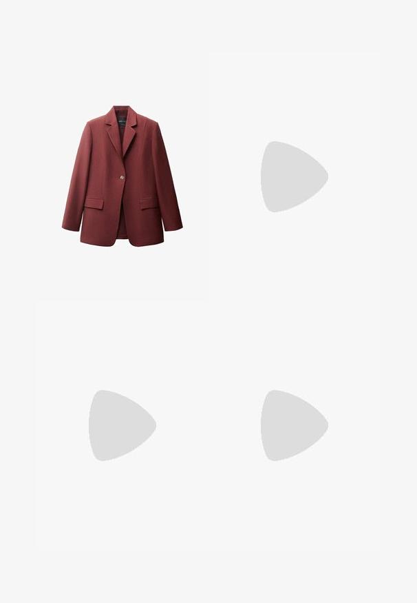 Burgundy blazer with a notched lapel, single button closure, and two front pockets. Made from a smooth, structured fabric.; Strapless dress in light fabric featuring a colorful patchwork of fruit and coastal scenes, with scalloped borders and a pastel color palette.; Burgundy patent leather slingback heels with a pointed toe and a sleek stiletto heel. Open back design with adjustable ankle strap detail.; Burgundy leather handbag with a soft, gathered design and a rounded shape. The handle is secured, showcasing a smooth texture.