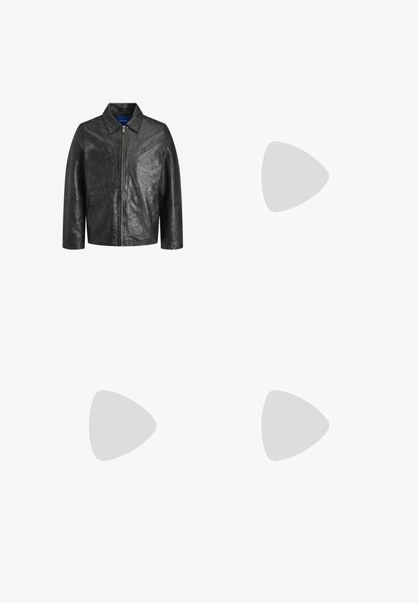 Crna kožna jakna s naboranom teksturom, zatvaranje na munju i ovratnik. Ima duge rukave i bočne džepove.; YOURTURN 2 PACK UNISEX - Top dugih rukava - dark grey/black; Crne široke hlače s prugicama i plisama, s krojem koji se ističe i mekanom teksturom. Nema vidljivih metalnih dijelova ili ukrasa.; Crni kožni mokasini s glatkom površinom, s resicama sprijeda, okruglim vrhom i niskim petama. Jednostavan i elegantan dizajn.; Crne acetatne sunčane naočale sa masivnim, kutnim dizajnom. Žute leće u pravokutnom obliku i tanke temple. Proizvedeno u Kini.