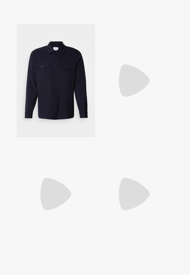 Navy blue shirt jacket made of soft fabric, featuring two chest pockets, a button-down front, and long sleeves with buttoned cuffs.; Three black cotton t-shirts with short sleeves and crew necks, featuring a smooth texture and simple design, displayed in a stacked arrangement.; Black denim pants featuring a straight-leg cut, five-pocket design, and a front button closure. Smooth texture with minimal stitching details.; Black leather loafers with a rounded toe, featuring a stitched design, low platform sole, and a textured, lugged rubber outsole.