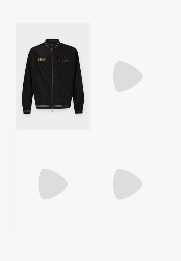 Black bomber jacket with gold accents, zip closure, ribbed cuffs and hem, featuring printed text and logos on the front. Smooth nylon material.; Light blue cotton t-shirt with short sleeves, round neck, and black "Ramones" logo print on the left chest area. Smooth texture.; Black sweatpants made of cotton with an elastic waistband and adjustable drawstring; features side pockets and tapered ankle cuffs.; Steve Madden BRENT - Trainers - white