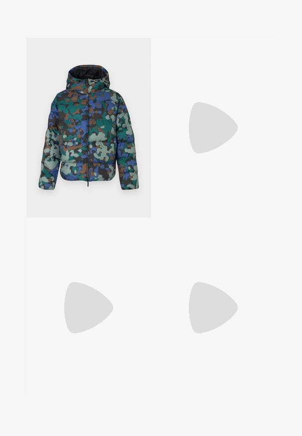 Puffer jacket with a camouflage pattern in green, blue, and brown. Features a zip front, hood, and quilted texture for insulation.; Navy blue turtleneck sweater made of smooth knit fabric. Long sleeves and fitted design with ribbed accents at the collar and hem.; Black athletic shorts made of soft fabric,Featuring an elastic waistband and a small yellow EA7 logo on the lower left leg.; Black sneakers featuring a smooth leather upper, mesh accents, perforated details, and a textured rubber sole with a low profile design.