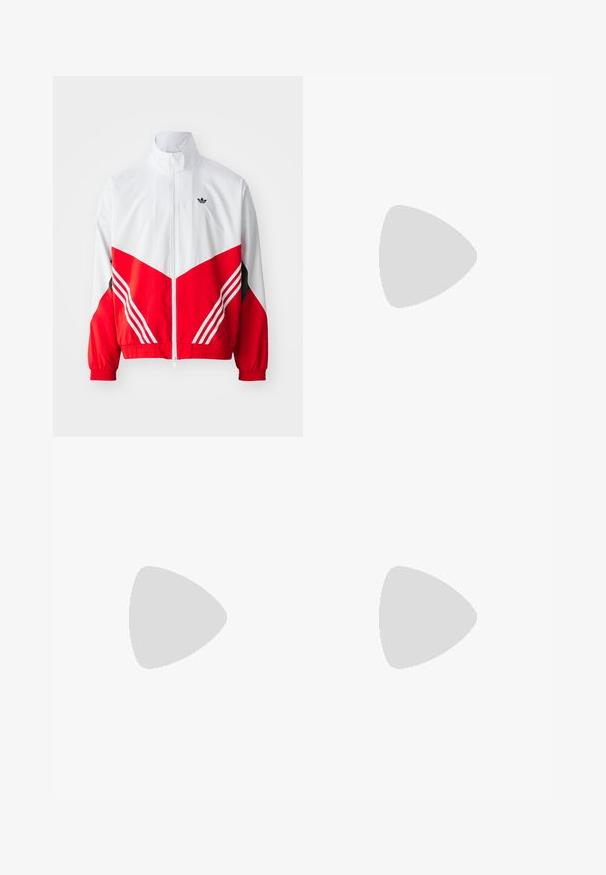 Red and white windbreaker jacket featuring a black logo, high collar, zip closure, elastic cuffs, and diagonal striped accents.; adidas Originals ARCHIVE - Print T-shirt - blue/white; White athletic pants with a smooth texture, featuring black curved designs on the sides and a black logo near the waistband.; White and black sneakers with red accents, featuring a suede and leather upper, three black stripes, flat laces, and a textured rubber sole.