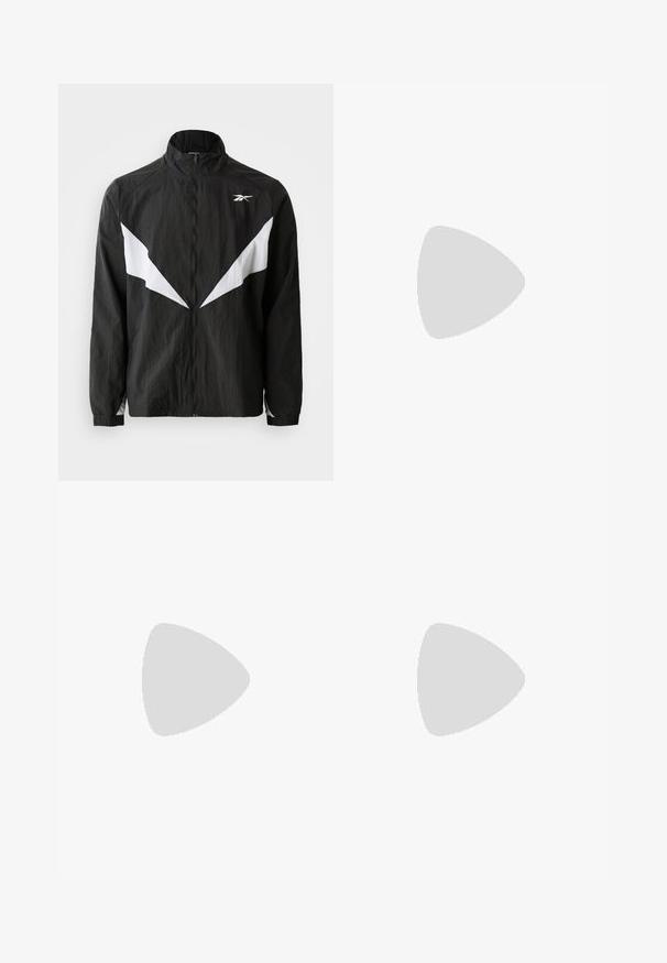 Black windbreaker jacket made from textured fabric. Features white angular accents and a high collar. Zipper closure and elastic cuffs.; Short-sleeve T-shirt featuring a black upper section, white middle, and gray lower half. Includes striped accents on sleeves. Soft fabric.; Black satin track pants with elastic waistband and cuffs. Features a tonal logo on the left thigh. Lightweight and smooth texture.; Black athletic shoes featuring a mesh upper, white accents, textured sole, and a red heel tab for added detail.