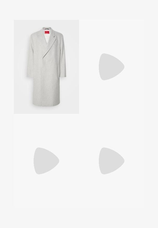 Gray wool-blend coat with a notched lapel, long sleeves, and single-button closure. Features a patch pocket and a bright red label inside.; White sweatshirt with a pastel beige rectangular logo that says "HUGO" in white. Features a crew neck and ribbed cuffs. Soft, textured fabric.; Black trousers made of smooth fabric, featuring straight legs, a button closure, and a classic design suitable for formal or casual wear.; Black leather lace-up shoe with a rounded toe, smooth texture, minimal stitching, and a low rubber heel. Logo on the heel.