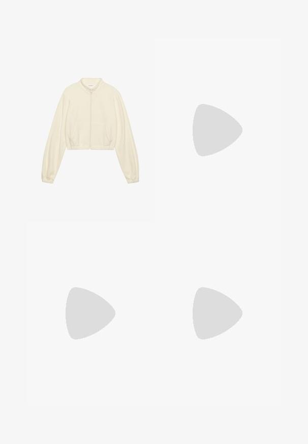 Kreminės spalvos trumpa zip-up striukė, pagaminta iš minkštos medžiagos. Su ilgomis rankovėmis, dviem priekinėmis kišenėmis ir elastiniais rankogaliais, suteikiančiais prigludusį siluetą.; Balta be rankovių palaidinė su apvaliu kaklu. Pagaminta iš lygios medžiagos, ji turi laisvą siluetą ir minimalistinį dizainą. Be raštų ar akcentų.; Khaki aktyvaus apdaro rinkinys, kuriame yra priglustanti trumpa viršūnė su plonomis juostelėmis ir aukšto liemens leggingai su strukturiniu tekstūru ir siuvimo detalėmis.; Masyvios baltos sportbačiai, pagaminti iš tekstūruoto tinklelio ir sintetinių medžiagų, pasižymintys storu padu ir išsamiu raštų detalizavimu šonuose.; Bežinė rankinė, pagaminta iš minkštos medžiagos, turinti laisvą dizainą, siuvinėtas detalės ir dvi petnešos. Tinkama kasdieniam naudojimui.