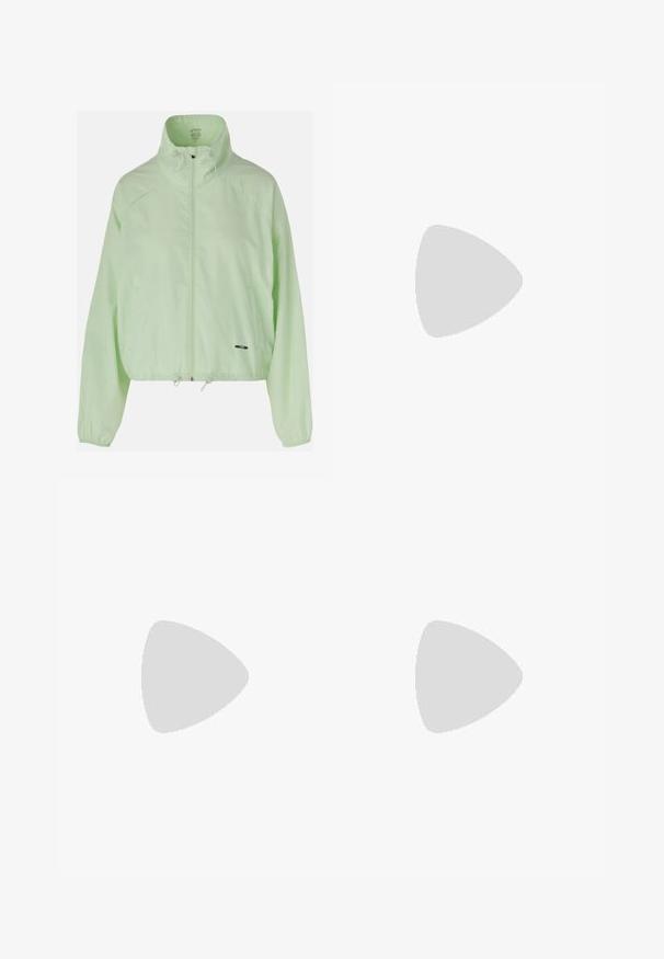 ASICS NAGINO ACTIBLEEZE - Trainingsvest - whisper green; ASICS FUJITRAIL LOGO TOP - Sport T-shirt - cream; Marineblauwe high-waisted leggings van rekbaar materiaal, met groene stiksels en een Asics-logo aan de linkerkant.; Witte sportieve sneakers met een ademende mesh bovenkant, lichtblauwe accenten, vetersluiting, opvallend logo-detail en een gestructureerde zool voor grip.