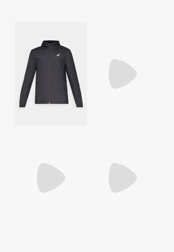 Chaqueta ligera negra con capucha, cierre frontal, mangas largas y un pequeño logo en el pecho. Tela suave y resistente al agua.; ASICS GAME - Camiseta básica - cream; Bañador de color verde lima brillante con cinturilla elástica y bolsillos laterales, mostrado sobre un fondo blanco liso.; Zapatilla de correr negra con parte superior de malla, acentuada por una franja de media suela rosa y una suela exterior gris. Presenta detalles texturizados y un diseño de suela flexible.