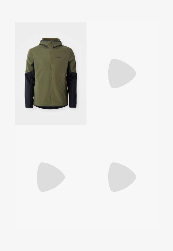 Olivno zelena jakna s kapuco in temno modrimi rokavi, zadrgo spredaj, flis oblogo in subtilno blagovno znamko na prsih. Gladek material in prilegajoč kroj.; Črna kratkosrajčna performančna majica iz dihalnega blaga, s krožno izrezom in majhnim belim logotipom "SALOMON" na prsih.; Svijetloplave hlače od lagane tkanine, s ravnim krojem, ravnim prednjim dijelom i malim oznakom brenda sa strane.; Črne tekaške čevlje z rdečimi poudarki, lahka mrežasta zgornji del, strukturirana bela podplat in sistem vezalk. Zasnovani za zmogljivost in udobje.