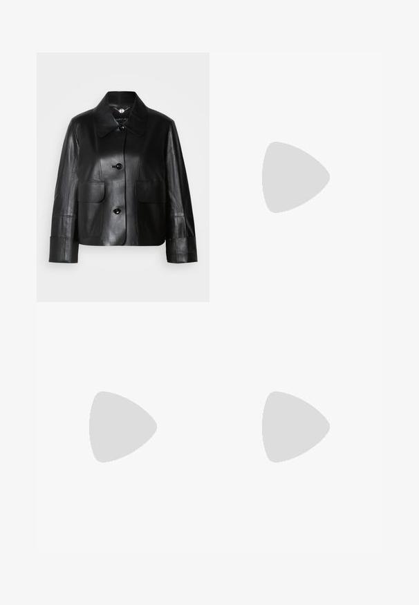Black leather jacket with a collar, featuring two front pockets, a button closure, and a smooth texture. Tailored fit with structured shoulders.; Blue, fitted shirt with three-quarter sleeves and a round neckline. Soft fabric with a smooth texture. Features a small gold logo at the hem.; Wide-leg pants in light cream fabric, featuring side pockets, a flat front, and a single button closure at the waist. Smooth texture.; Beige block-heeled sandals with thin straps and a square toe. Smooth material with minimal detailing, designed for easy wear.