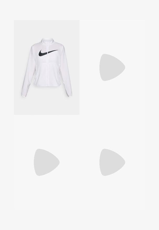 Giacca Nike bianca con maniche lunghe, colletto alto, chiusura con zip e un prominent logo swoosh nero sulla parte anteriore. Tessuto liscio e leggero.; T-shirt bianco a maniche corte realizzato in tessuto liscio, con scollatura tonda e un piccolo logo grigio Nike sul petto.; Pantaloncini sportivi bianchi con vita a coste, spacchi laterali e logo Nike nero. Indossati con scarpe da ginnastica nere e calzini bianchi alti.; Scarpa da corsa Nike con tomaia in maglia azzurro chiaro, dettagli neri, intersuola verde AIR ZOOM e suola con gradiente rosa e bianco.