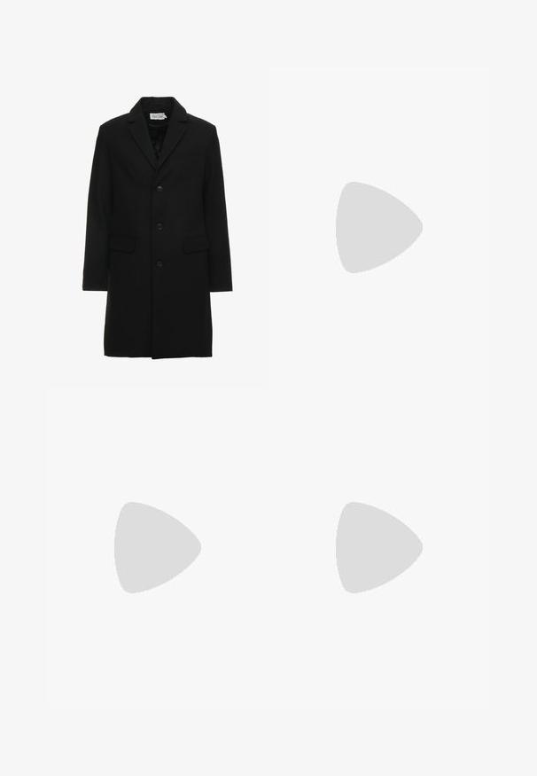 Black wool blend overcoat featuring a notched lapel, single-breasted button closure, two front pockets, and a sleek, tailored silhouette.; Black long-sleeve shirt in a smooth fabric with a classic collar, button closure, and a chest pocket on the left side.; Two pairs of classic pants: one grey cotton blend, one black cotton blend. Both feature a tailored design with belt loops and a smooth finish.; Black leather sneaker with a white rubber sole, featuring flat laces and branded eyelets. Soft texture with a contrasting side accent.