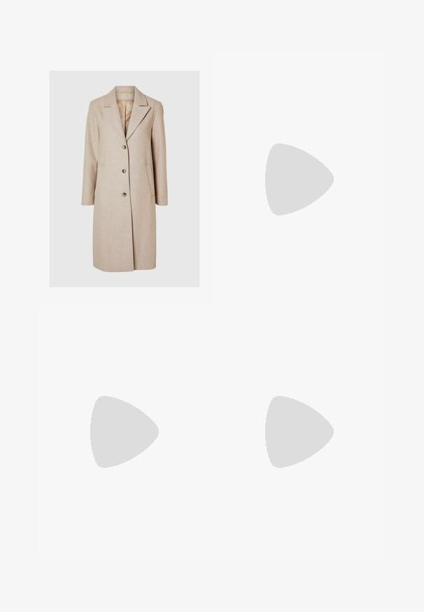 Beige ullfrakk, midtlinjens lengde, enkelspent design med tre brune knapper, klippelapper og to sidelommer. Glatt innersøm.; Hvit langermet kjole med heklede detaljer, høy hals og lagdelt skjørt. Har bølget kant og lett rynking i midjen.; Knæhøye sorte lærstøvler med firkantet tå og blokkhelt, vist med en modell som sitter iført en olivengrønn kåpe. Glatt tekstur, minimal detaljering.; Skilpaddeskall solbriller med ovale linser, brunfargede, tynne stenger med teksturert mønster, lett plastisk ramme.; Svart skinn toteveske med jevn tekstur, strukturert form, to håndtak og en fremtredende sølvspenne foran.