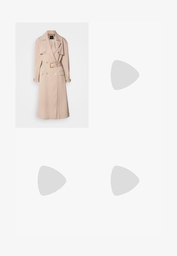 Beige trenchcoat med dubbelknäppning, breda slag, midjebälte och sidofickor. Har guldtonad hårdvara och en jämn yta.; Svart bomull t-shirt med rullade korta ärmar, med en präglad logotyp i mitten och en liten flaggdetalj på sidan.; Svart blyertskjol med en liten slits, prydd med en guldkedjedetalj vid midjan. Tillverkad av ett mjukt, elastiskt material för komfort.; Svarta läderankelstövlar med en slät textur, rund tå och en guldtonad spänneaccent på vristremmen. Design med blockklack.