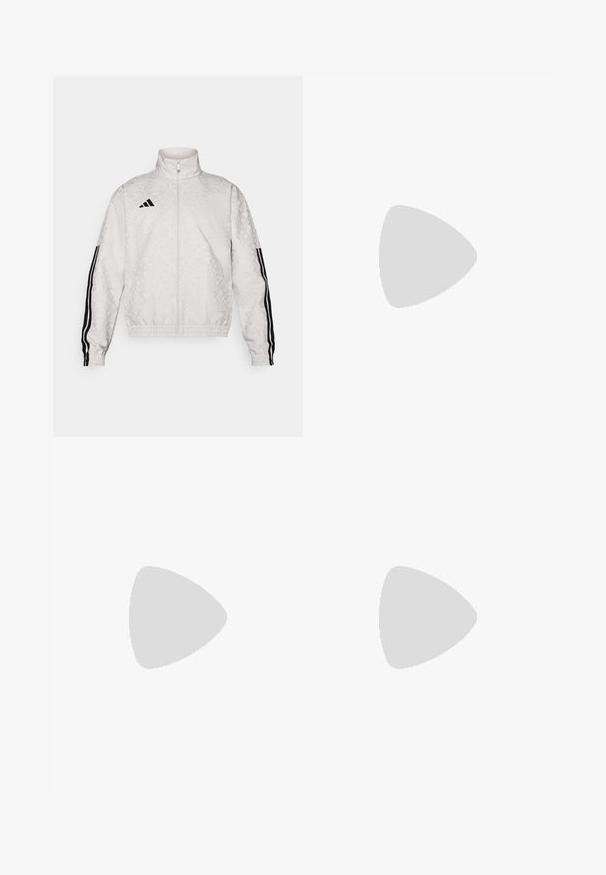 Weißer Reißverschlussjacke mit einem gemusterten Design, mit schwarzen Dreistreifenakzenten an den Ärmeln und einem gestickten Logo auf der Brust.; Weißes Baumwoll-T-Shirt mit kurzen Ärmeln, das einen lila und schwarzen Grafikdruck mit drei Streifen und dem Wort "BASKETBALL" zeigt.; Schwarze Sportshorts mit einem elastischen Bund. Mit gelbem Grafiktext "LOVE UNITES" auf dem linken Bein und einem kleinen Logo auf der rechten Seite.; Weiße Sportschuh mit strukturiertem Mesh-Obermaterial, schwarzen Streifen, Schnürverschluss und gepolstertem Sohlen, schwebt über einer markierten Straßenoberfläche.