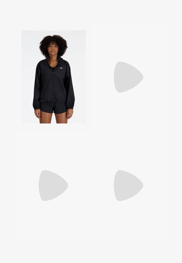 Veste légère noire avec fermeture éclair à l'avant, col haut, poignets élastiques et ourlet froncé. Comprend un petit logo réfléchissant sur la poitrine.; T-shirt en coton blanc à manches courtes, col rond, avec un logo "NB" bleu clair sur la poitrine gauche. Texture lisse et coupe décontractée.; Shorts de course bordeaux avec une taille élastique, deux poches latérales et un logo sur le devant, fabriqués en tissu léger et flexible.; Baskets de sport blanches avec une tige en mesh, dotées d'un col rembourré, d'une semelle texturée et du marquage "Fresh Foam" sur la semelle intermédiaire.