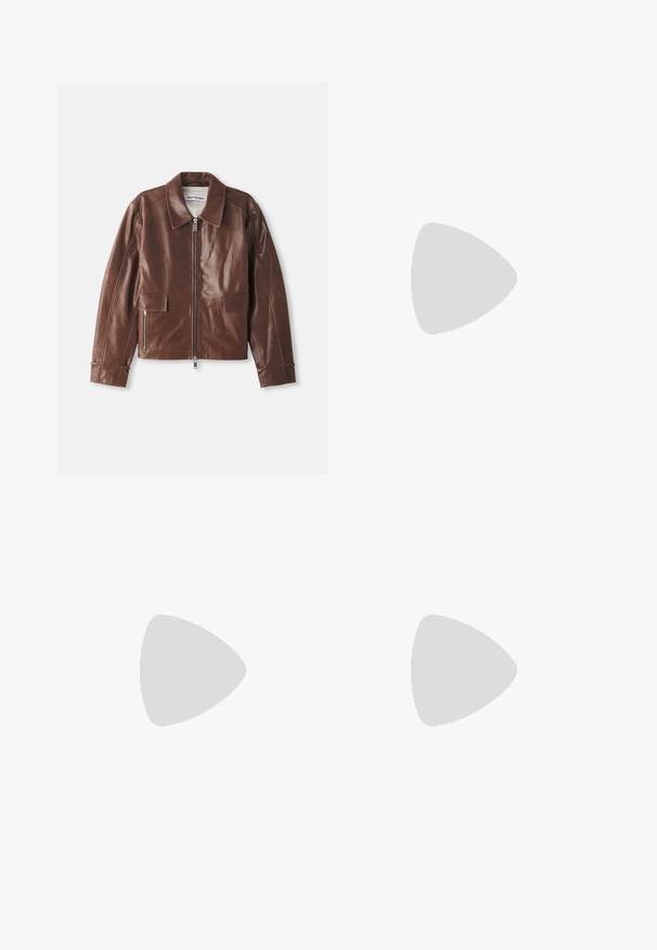 Brown leather jacket featuring a broad collar, zippered front closure, two front pockets, and long sleeves with seam detailing.; White cotton t-shirt with a relaxed fit, round neckline, and short sleeves. Features a small black label on the left chest.; YOURTURN UNISEX - Relaxed fit jeans - beige/black; Camper PELOTAS ARIEL - Lace-up ankle boots - dunkelbraun