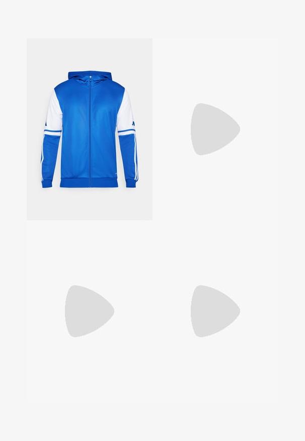 Modra športna jakna z zadrgo in kapuco, ki ima bele poudarke na rokavih in ramenu, narejena je iz gladkega, lahkega materiala.; Modra atletska majica s okroglim izrezom, kratkimi rokavi in rumenim logotipom Mizuno na sprednji strani. Narejena iz gladkega, zračnega materiala.; Bele športne kratke hlače iz zračnega mrežastega materiala. Črnen pas in stranski poudarki, ki vsebujejo kontrastne črno-bele diagonalne črte.; adidas Performance ADIZERO SELECT 3.0 - Košarkarski copati - lucid blue/core black/metallic