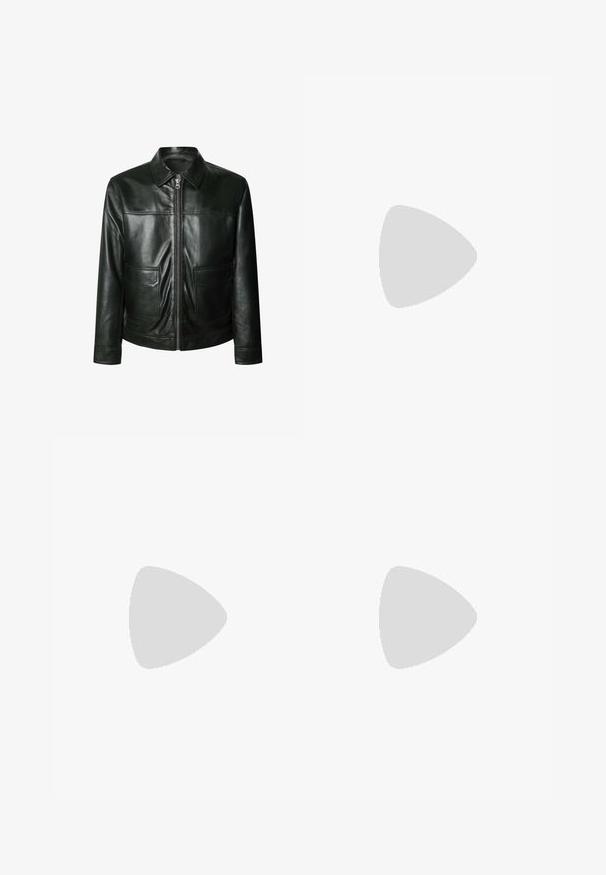 Schwarze Lederjacke mit Reißverschluss, zwei Vorder- taschen und maßgeschneidertem Kragen. Glatte Textur mit sichtbaren Nahtdetails.; Grauer Rollkragenpullover aus weichem Strickstoff, mit langen Ärmeln, einem taillierten Kragen und einer glatten Textur. Keine Muster oder Akzente.; Schwarze, plissierte Hose mit geradem, weitem Bein. Hergestellt aus glattem Stoff, mit Knopfverschluss und Gürtelschlaufen.; Schwarze Lederloafers mit glatter Textur, rundem Zehenbereich und einem dekorativen Riemen über dem Vorderfuß. Niedriger, gestapelter Absatz, minimalistisches Design.