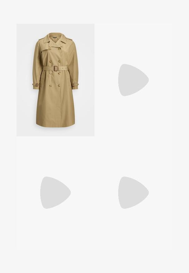 Beiger Trenchcoat mit doppelter Knopfleiste, großen Revers, tailliertem Gürtel und verstellbaren Manschetten; glattes Material mit klassischem Design.; Weißes Langarmhemd aus Baumwolle. Mit einem spitzen Kragen und einer durchgehenden Knopfleiste mit passenden Knöpfen. Glatte Textur.; Weite, dunkelblaue Jeans aus Denim mit hoher Taille, ausgestattet mit einem Kordelzug, fünf Taschen und kontrastierenden Nähdetails.; Schwarze, hochhackige Sandalen mit dünnen Riemen und einem geknoteten Design, einer glatten, rechteckigen Zehenpartie und einem eleganten Stiletto-Absatz.; Hellegraue metallische Handtasche mit einer Kettenriemen, verziert mit kleinen kreisförmigen metallic Nieten und einem dreieckigen Markenlogo.; Silberne Creolen mit einer glatten, glänzenden Oberfläche, einer gebogenen Form und einer Steckverschluss. Minimalistisches Design mit modernem Finish.