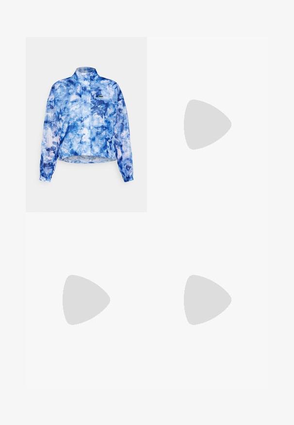Blue watercolor pattern jacket with high collar, long sleeves, elastic cuffs, and front zipper. Features logo on the chest. Lightweight material.; Black cotton t-shirt with short sleeves, featuring a small green logo accent on the left chest. Classic crew neckline, relaxed fit.; Black wide-leg pants with an elastic waistband. Made from a soft, lightweight material. Features vertical seams along the front.; White sneaker made of smooth leather, featuring a slightly raised sole, perforated toe cap, and a silver logo accent on the side.