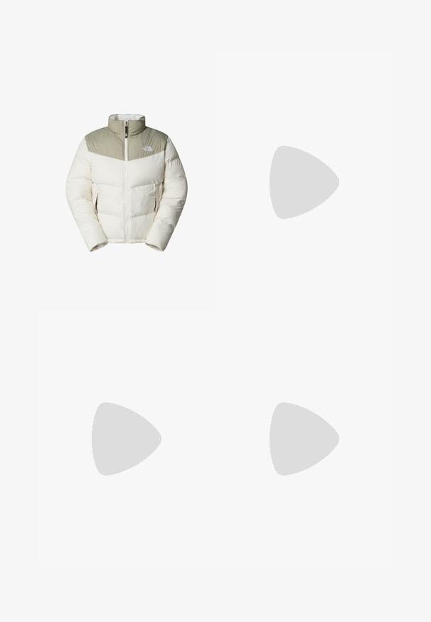 The North Face SAIKURU - Winter jacket - white dune clay grey; The North Face GLACIER 1/4 ZIP - Fleece jumper - forest olive; The North Face EXPLORATION - Trousers - khaki stone; Salomon Sportstyle XT PATHWAY GTX UNISEX - Trainers - lunar rock/alloy/silver