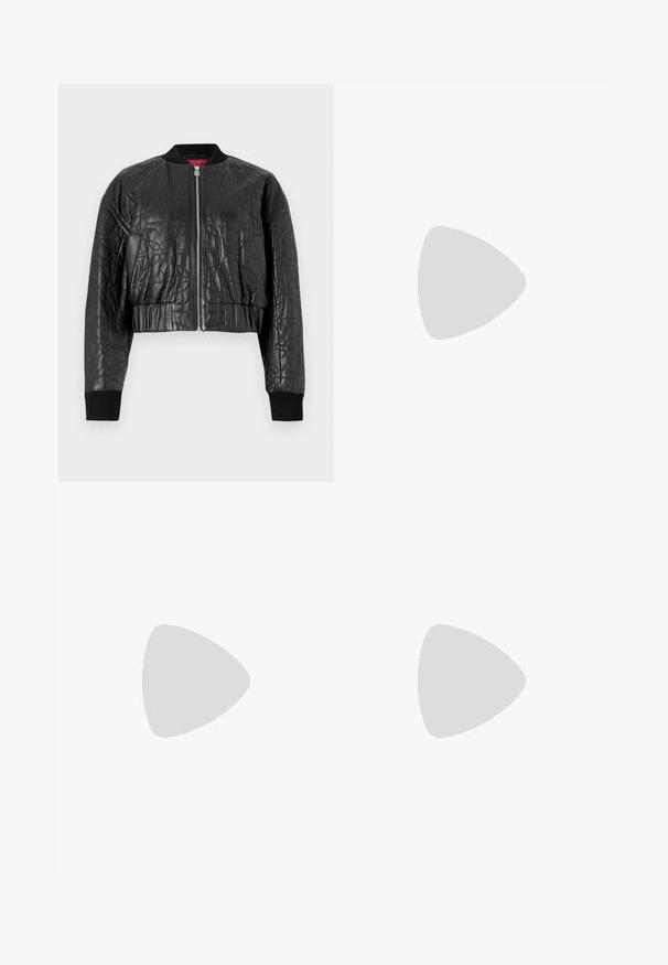 Black bomber jacket made of quilted leather. Features a zip front, ribbed cuffs, and a cropped design with subtle embossed patterns.; White ribbed short-sleeve top with a high neck and textured finish. Features subtle vertical lines and a fitted silhouette.; High-waisted, straight-leg black denim jeans with five pockets, metal rivets, and tonal stitching. Smooth texture, minimalistic design.; Black leather loafers with a chunky platform sole. Rounded toe, front seam detail, and subtle stitching accents. Flat, textured outsole.