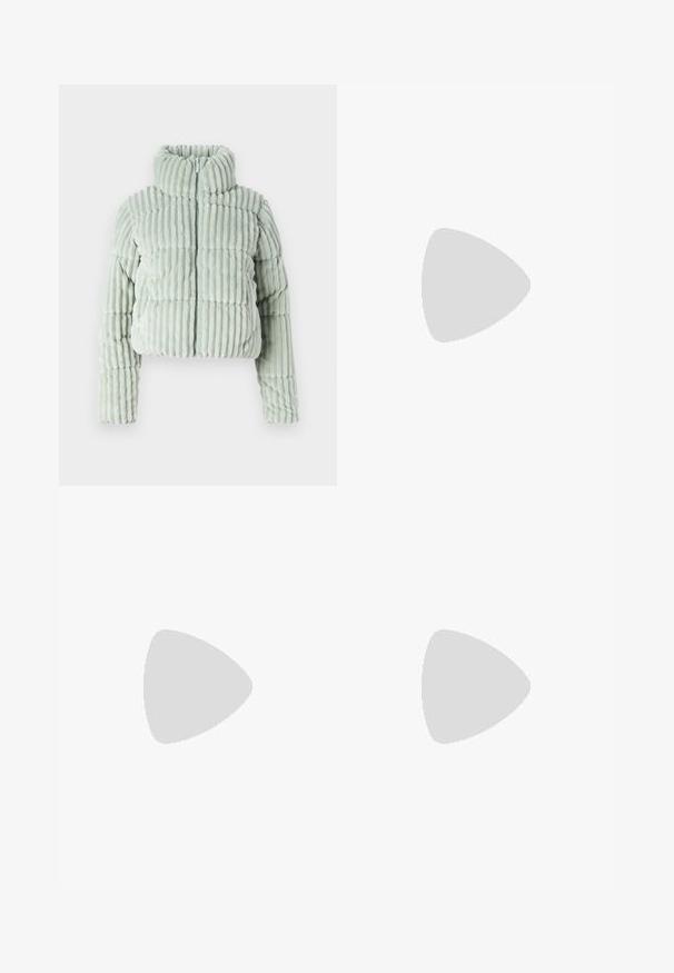 ONLY PAULINA PUFFER - Winter jacket - aqua gray; Light cream cropped hoodie made of soft fabric features a drawstring hood, raglan sleeves, embossed "GAP" logo, and ribbed cuffs.; Light blue wide-leg jeans made of denim, featuring a high waist, front pockets, and stitched accents at the hem.; White platform sneakers made of smooth synthetic material, featuring a rounded toe, lace-up design, and a textured rubber sole. Black heel accent.