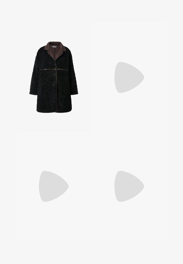 Black plush coat featuring a brown suede collar, button closure, and textured outer fabric. Sleeves and hem are slightly oversized.; Black and white checked blouse with a ruffled collar, button front closure, and puffed sleeves featuring elastic cuffs. Textured fabric.; Kaffe YOKO BOATNECK - Basic T-shirt - zinfandel; Brown athletic pants with a relaxed fit. Made of smooth fabric, featuring side pockets, white stripes, and a small white logo on the thigh.; Black leather ankle boot with textured surface, round toe, lace-up design, yellow stitching, and a thick, ridged black platform sole.; Brown leather handbag with two front flap pockets, rounded handles, and a zipper on the side against a white background.
