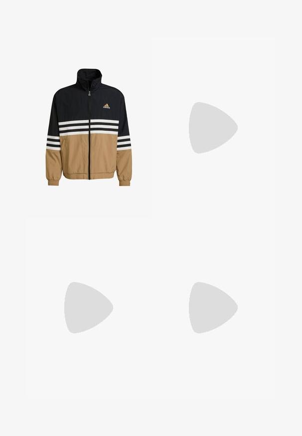 Una chaqueta cortavientos negra, marrón y blanca con un alto cuello, cierre completo delantero, franjas blancas en las mangas y un logo de adidas en el pecho.; Camiseta polo roja de manga corta, con un patrón vertical de rayas, detalles amarillos en el cuello y los botones, y un pequeño logo en el pecho.; Pantalones joggers crema con un patrón de logotipos sutil en toda la prenda, cinturilla elástica con cordón, y rayas laterales de color púrpura oscuro en contraste.; Zapatilla de ante y malla blanca con tres franjas negras, acento amarillo en la suela, tacón negro texturizado y cierre con cordones.