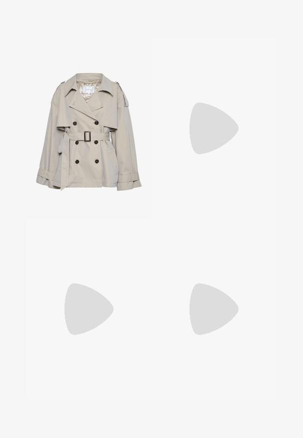 Gestuz BIRDIE - Summer jacket - sand; Textured off-white fabric with a subtle weave, featuring a light and airy appearance suitable for versatile applications.; Light blue wide-leg jeans in denim, featuring distressed rips on the thighs, a high waist, and standard five-pocket design.; White leather sneakers featuring a smooth texture, gold eyelets, and a contrasting beige heel tab. Textured rubber sole for grip.